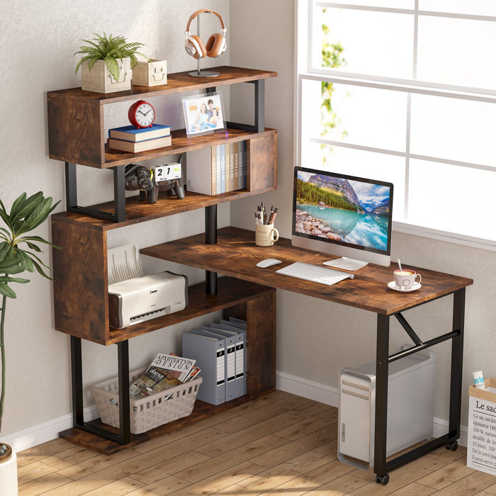 Latitude Run® Rotating L Shaped Desk with Bookshelf & Reviews Wayfair